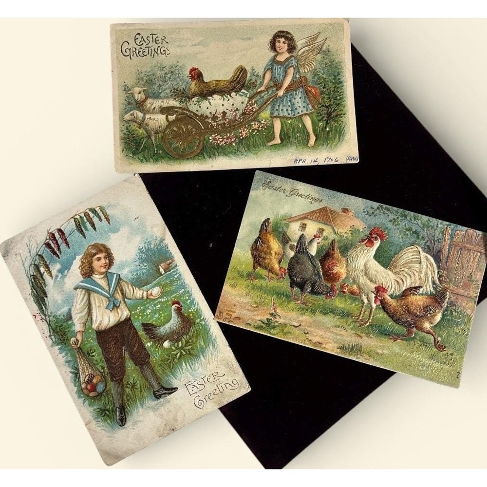 3 Antique Easter Postcards 1906 Lithograph Embossed Chickens Rooster Lambs